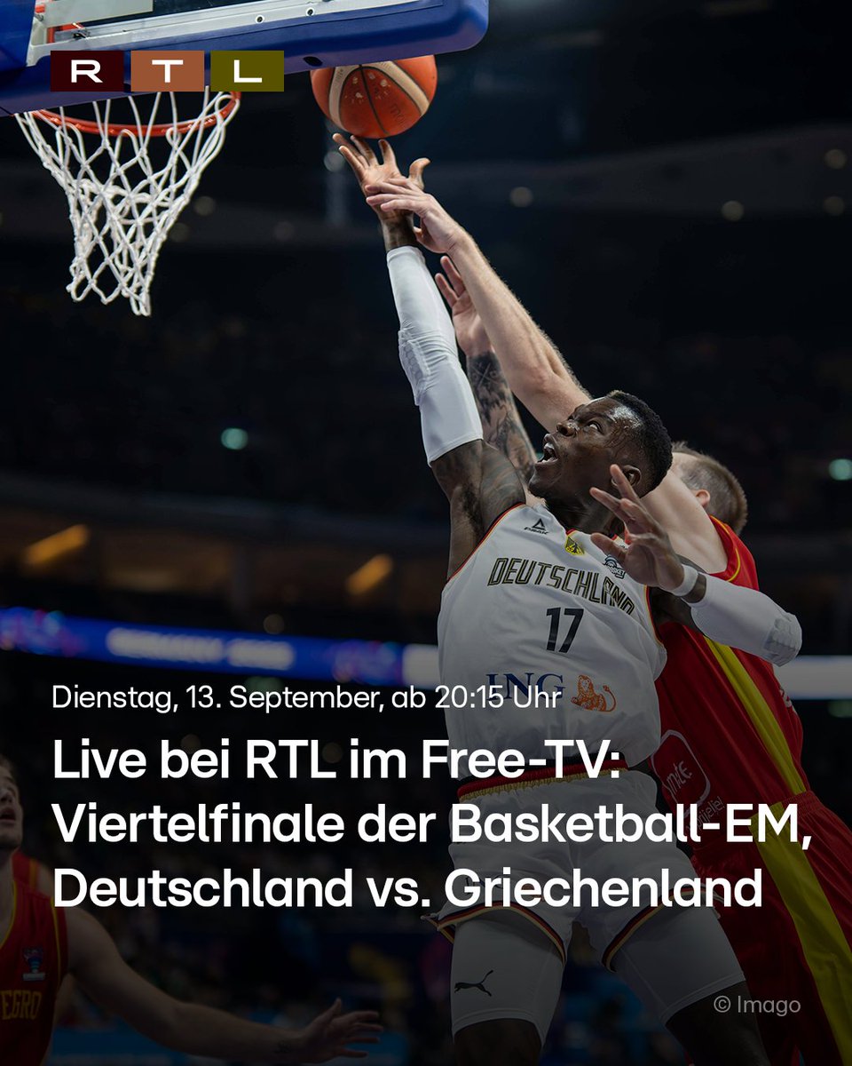 RTL_com's tweet photo. Crunchtime bei der #EuroBasket! Die deutschen Basketballer treffen im Viertelfinale auf Favorit Griechenland mit NBA-Superstar Giannis Antetokounmpo. Im Showdown um den Halbfinal-Einzug ist RTL live im Free-TV dabei. Alle Infos ➡️ https://t.co/ozMBYiZZ0r #GERGRE https://t.co/COohnFDDZz