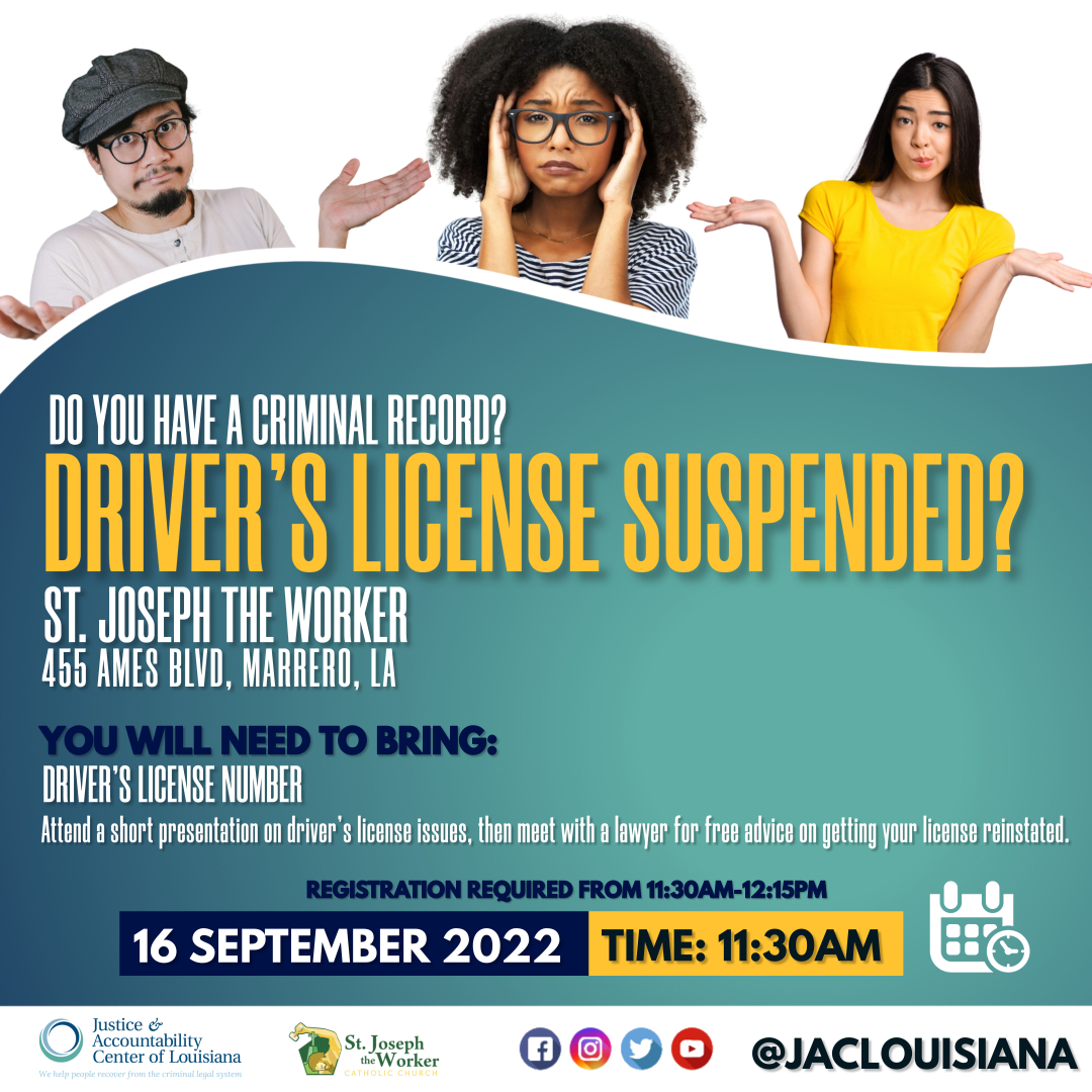 JacLouisiana's tweet photo. Criminal record? Driver's license suspended? Have you checked it lately? As of October 2021, over 250,000 LA residents had suspended driver's licenses. Learn from attorneys about the common suspension issues, new laws and how to resolve your flags https://t.co/RTJ3vgronT