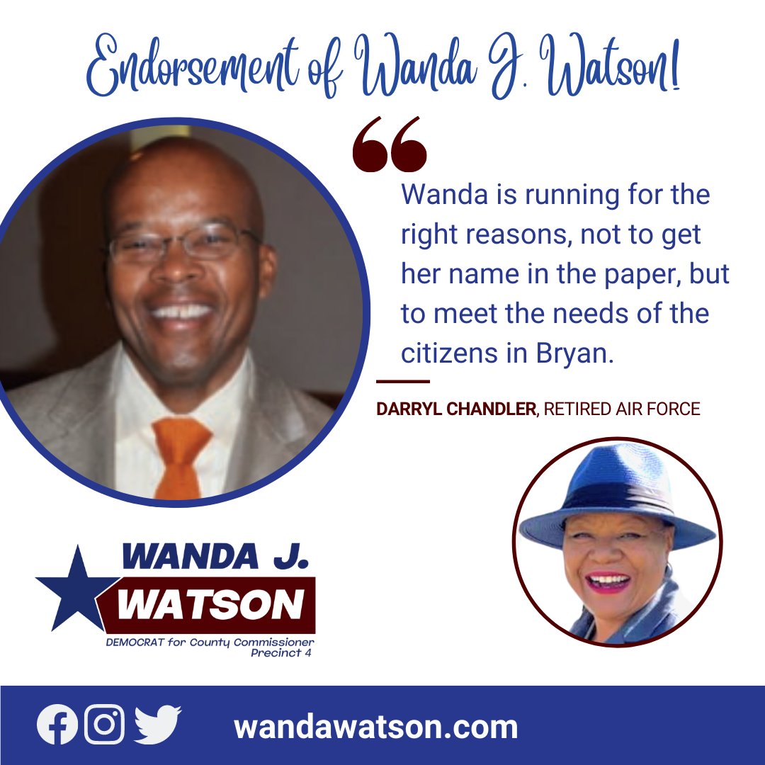votewanda's tweet photo. “Wanda is running for the right reasons, not to get her name in the paper, but to meet the needs of the citizens in Bryan.”- Darryl Chandler, Retired Air Force

Thank you Darryl for the kind words. 

https://t.co/Cp2bM2Q8c1

#endoresment #votewanda #brazoscounty https://t.co/3gzLdMBTVR
