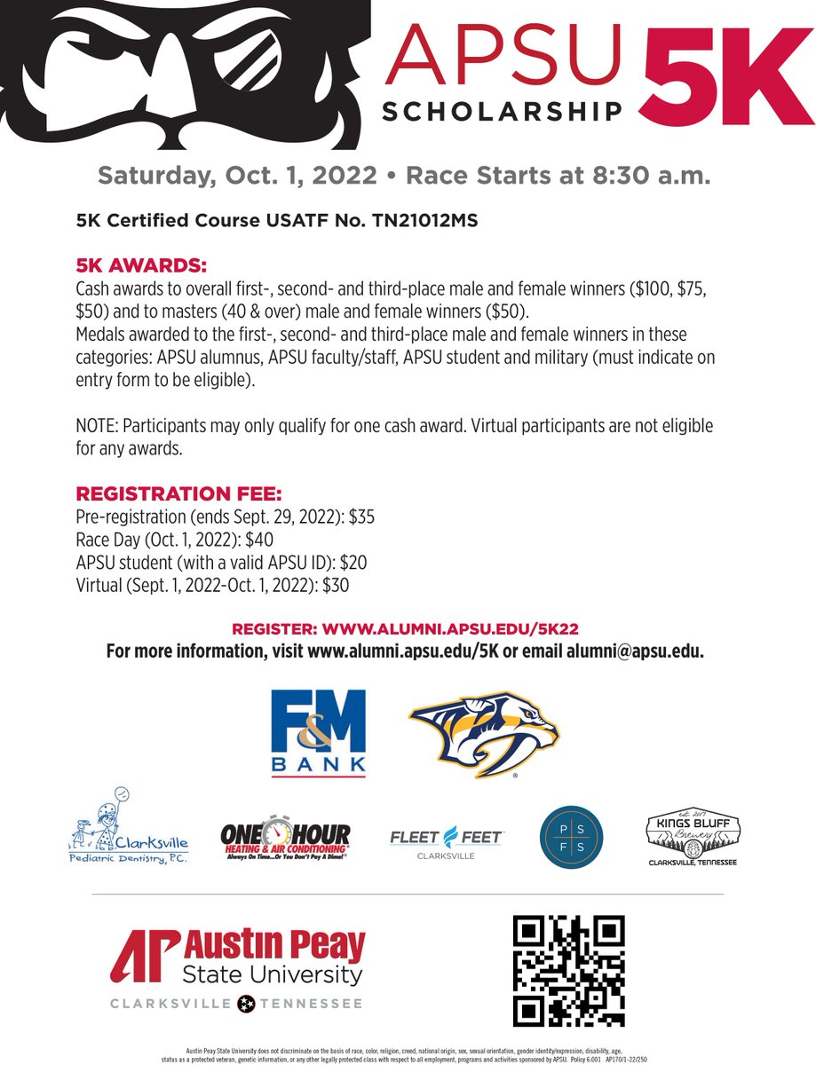 🏃🏃‍♀️ Another local event: <a href="/austinpeay/">Austin Peay State University</a> Scholarship 5k: Run for Govs - Sat, Oct 1.  
  > Pre-registration open thru Sep 29
  > Certified 5k Course
  > Discounted entry for APSU students
  > Virtual participation available
DETAILS:  alumni.apsu.edu/5k 
#scholarship5k #raceinfo