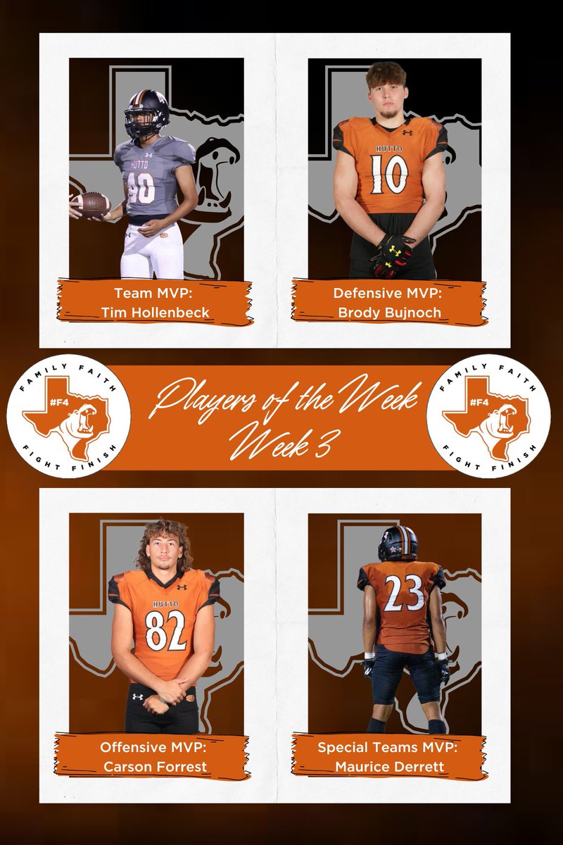 @HuttoHS_Fball Players if the week. Tim Hollenbeck averaged 40 yards per punt and had 2 onside recoveries.