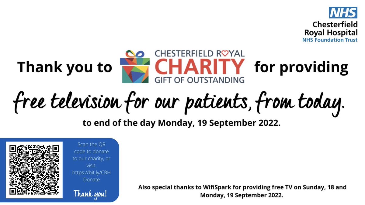 Chesterfield Royal Hospital Trust Charity (@crhtcharity) on Twitter photo TV <a href="/royalhospital/">Chesterfield Royal Hospital NHS FT</a> will be free for patients until end of the day, Monday, 19 September 2022. Thank you to colleagues for their hard work and support, and particularly the Chesterfield Royal Charity and WiFiSparks for their funding #giftofoutstanding #TeamCRH TV <a href="/royalhospital/">Chesterfield Royal Hospital NHS FT</a> will be free for patients until end of the day, Monday, 19 September 2022. Thank you to colleagues for their hard work and support, and particularly the Chesterfield Royal Charity and WiFiSparks for their funding #giftofoutstanding #TeamCRH