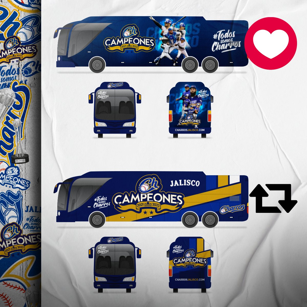 charrosbeisbol's tweet photo. ¡CAMPEONES!🤠🏆
Ayúdennos a elegir cuál diseño les gusta más para el autobús🚌 de nuestro equipo:

Versión players: ❤️
Versión champs: 🔃 https://t.co/fzOdPCWYQ4
