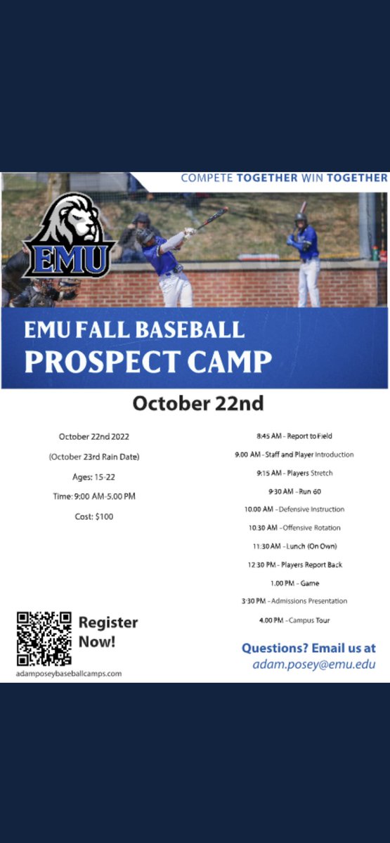 🔵 Our Fall Prospect Camp is a little over a month away! This is a great way to work with our coaching staff, meet our players, and check out the player development tools they have access too!

🗓  October 22nd

Register at: adamposeybaseballcamps.com

#RDR #PRIDE #COAR