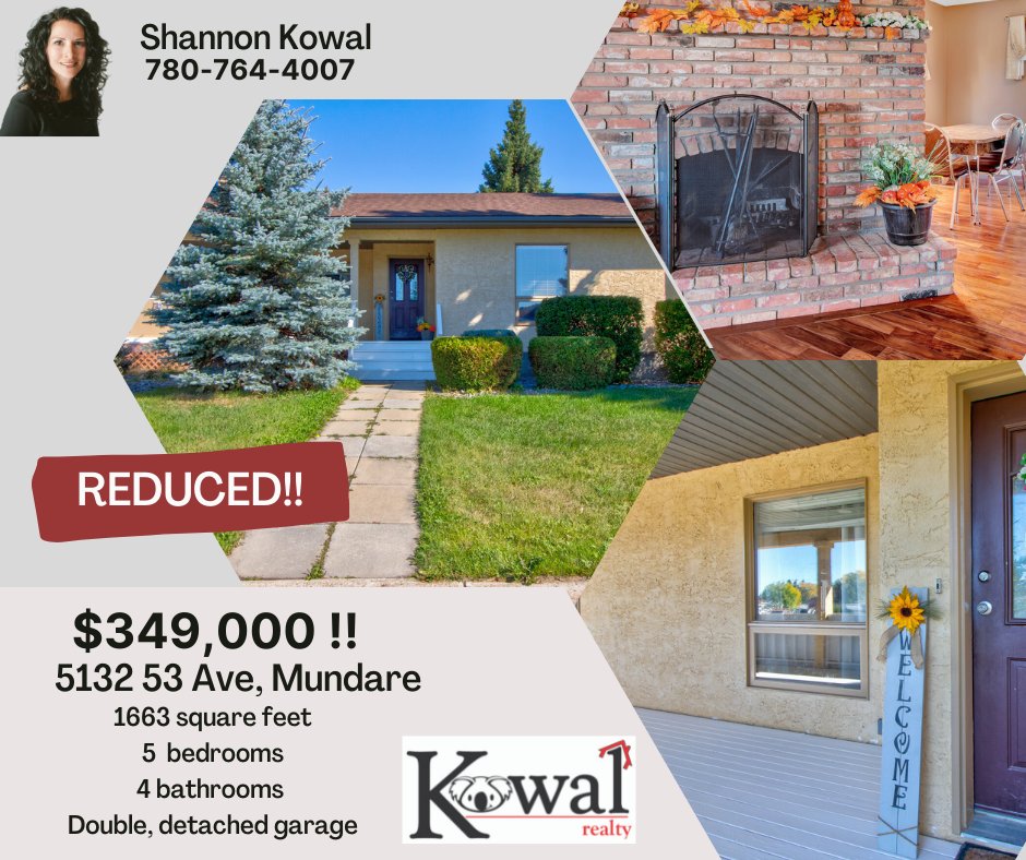 Kowal Realty
kowalrealty.ca
REDUCED PRICE $349,000CAD
5132 53 Ave, Mundare, AB 
1663 sq ft , 5 bedroom, 3 bathroom bungalow
#homesweethome #homesforsale #yegrealtor #sherwoodparkrealtor #mundarerealtor #forsale #veranda #fireplace