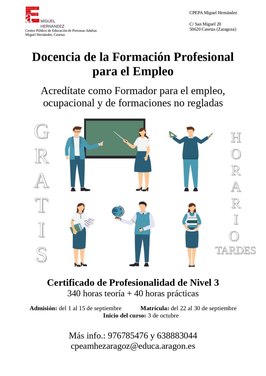 EPACasetas's tweet photo. ¡Conviértete en profe!
Acredítate como Formador para el empleo, ocupacional y de formaciones no regladas
Certificado de Profesionalidad Docencia de la Formación Profesional para el Empleo 
Lunes a jueves de tardes
¡No pierdas esta fantástica oportunidad!
@EPAAragon @Inaempleo https://t.co/qX9epARhDA