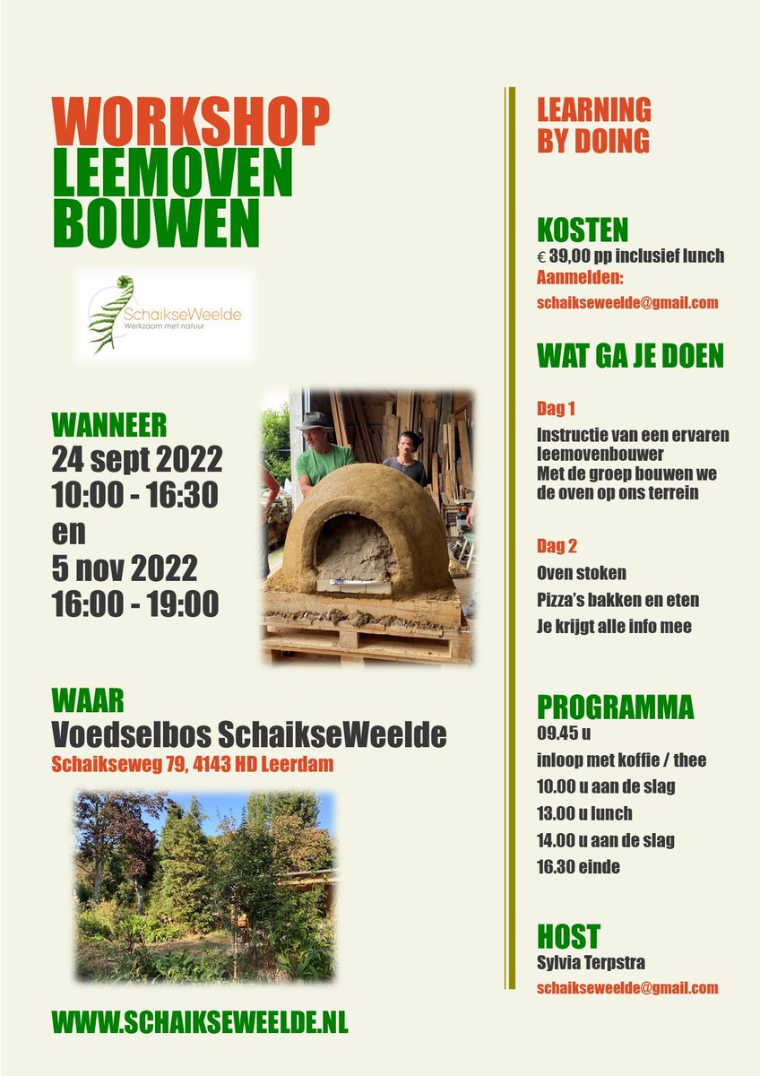sylvia_terpstra's tweet photo. Leemovenworkshop op 24 sept en 5 nov op SchaikseWeelde. #learningbydoing #permacultuur #voedselbos #natuureducatie #leembouw #pizzaoven https://t.co/Ab7cUwMG7r