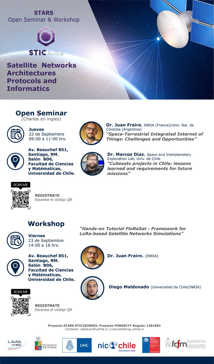 Seminario "Satellite Networks Architectures Protocols and Informatics" y Workshop del simulador FloRaSat (LoRa-based sat networks). 22 y 23 de sept en la <a href="/fcfm_Uchile/">Ingeniería Uchile</a>. Entrada liberada (cupos limitados). Actividades presenciales. Toda la info e inscripciones👇🏼<a href="/niclabs/">NIC Labs</a> #WiNetGroup