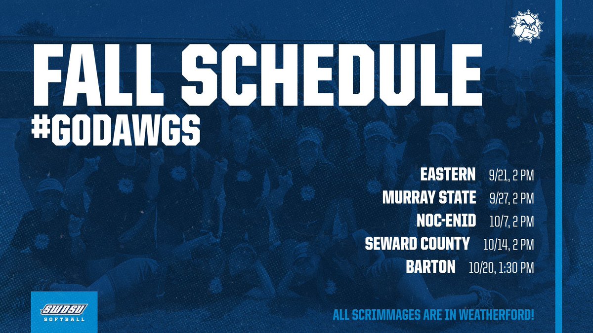SWOSUSoftball's tweet photo. FALL SCHEDULE 🐶🥎 

All scrimmages at home, come get a glimpse of SWOSU Softball this fall ‼️ https://t.co/ttUrgLUxyf