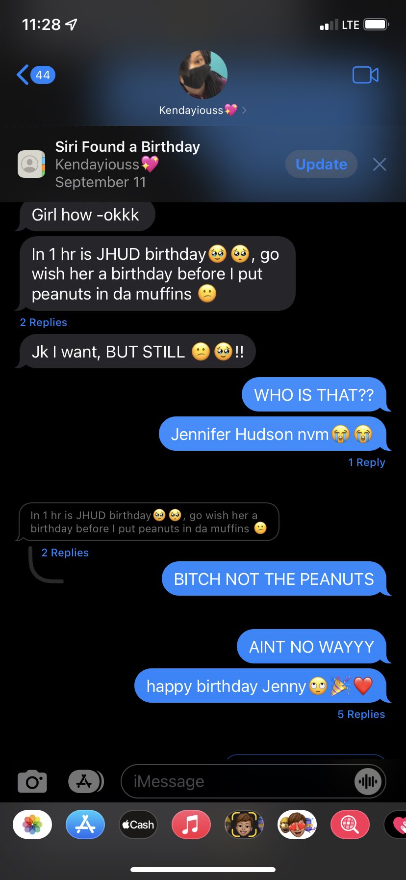 This bitch really threatened to kill me if I didn t wish Jennifer Hudson a happy birthday . Happy birthday ig  