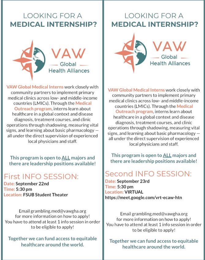 vaw_gsumed's tweet photo. Interested in applying to become a VAW medical intern at Grambling State?🐯Come to one of our interest meetings and learn more about VAW and how to apply! See you there🌎🩺

*You have to attend at least one of the interest meeting in order to be eligible to apply! https://t.co/77x5ZDPMmj
