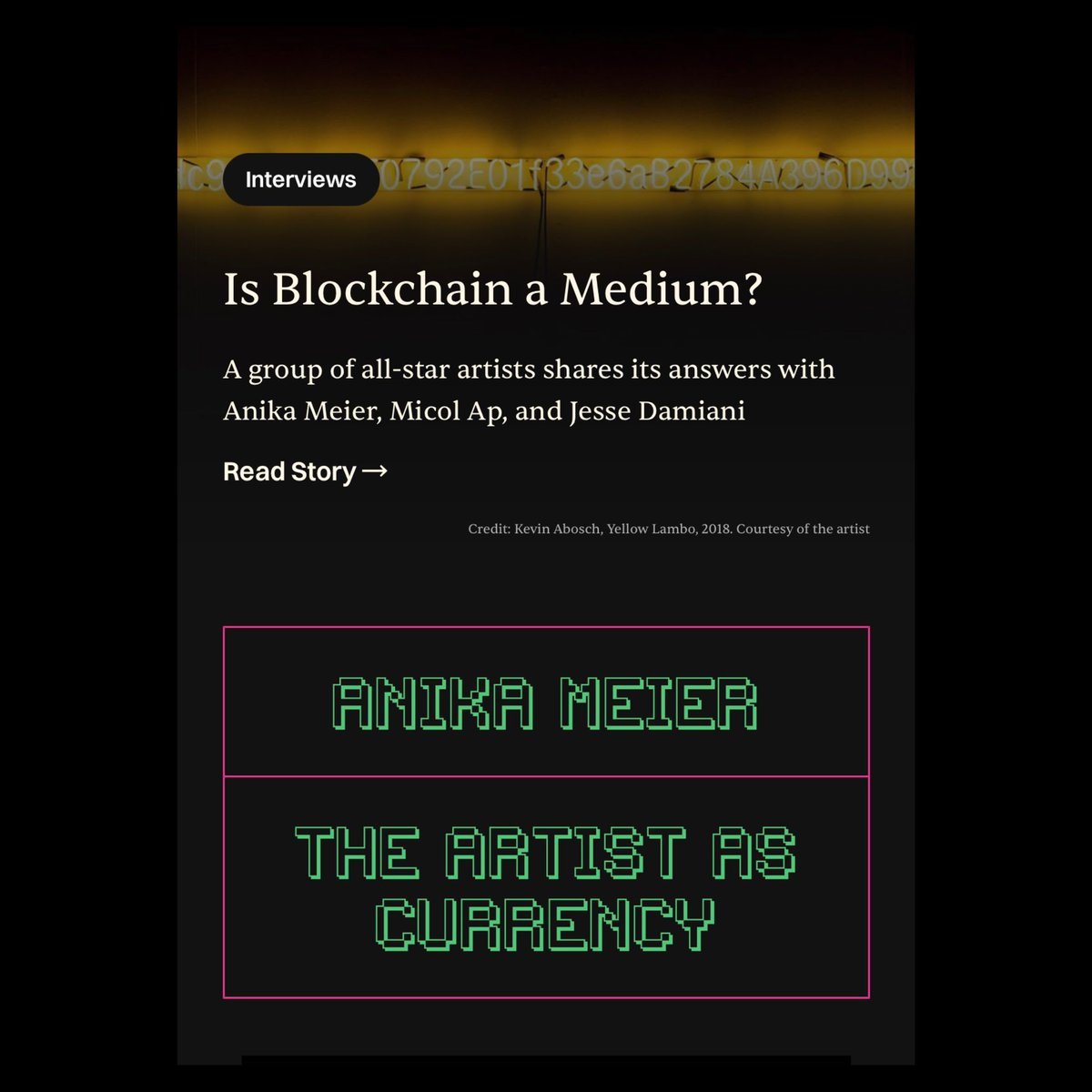 is blockchain a medium? 

discussing art NFTs with:

<a href="/kevinabosch/">Kevin Abosch</a> 
rhea myers (<a href="/rheaplex/">Rhea Myers</a>)
<a href="/sarahmeyohas/">Sarah Meyohas</a>
sarah friend (<a href="/isthisanart_/">Sarah Friend</a>)
simon <a href="/dennnnnnnnny/">Simon Denny</a> 
<a href="/harmvddorpel/">Harm van den Dorpel</a> 
<a href="/mitchellfchan/">Mitchell F Chan</a>
<a href="/annaridler/">anna ridler</a> 

👉 rightclicksave.com/article/is-blo…