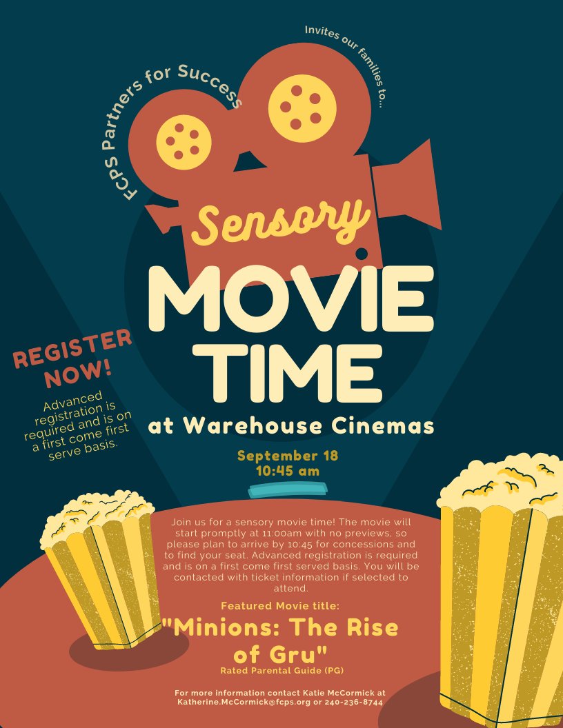 FCPS_P4S's tweet photo. Join us for a Sensory Movie Time at Warehouse Cinema! We will be watching Minions: The Rise of Gru at 10:45am. Click here to register: https://t.co/bW2D9IvBoz

(Advanced registration is required and is on a first come first serve basis.) https://t.co/aOcuJHDKyA