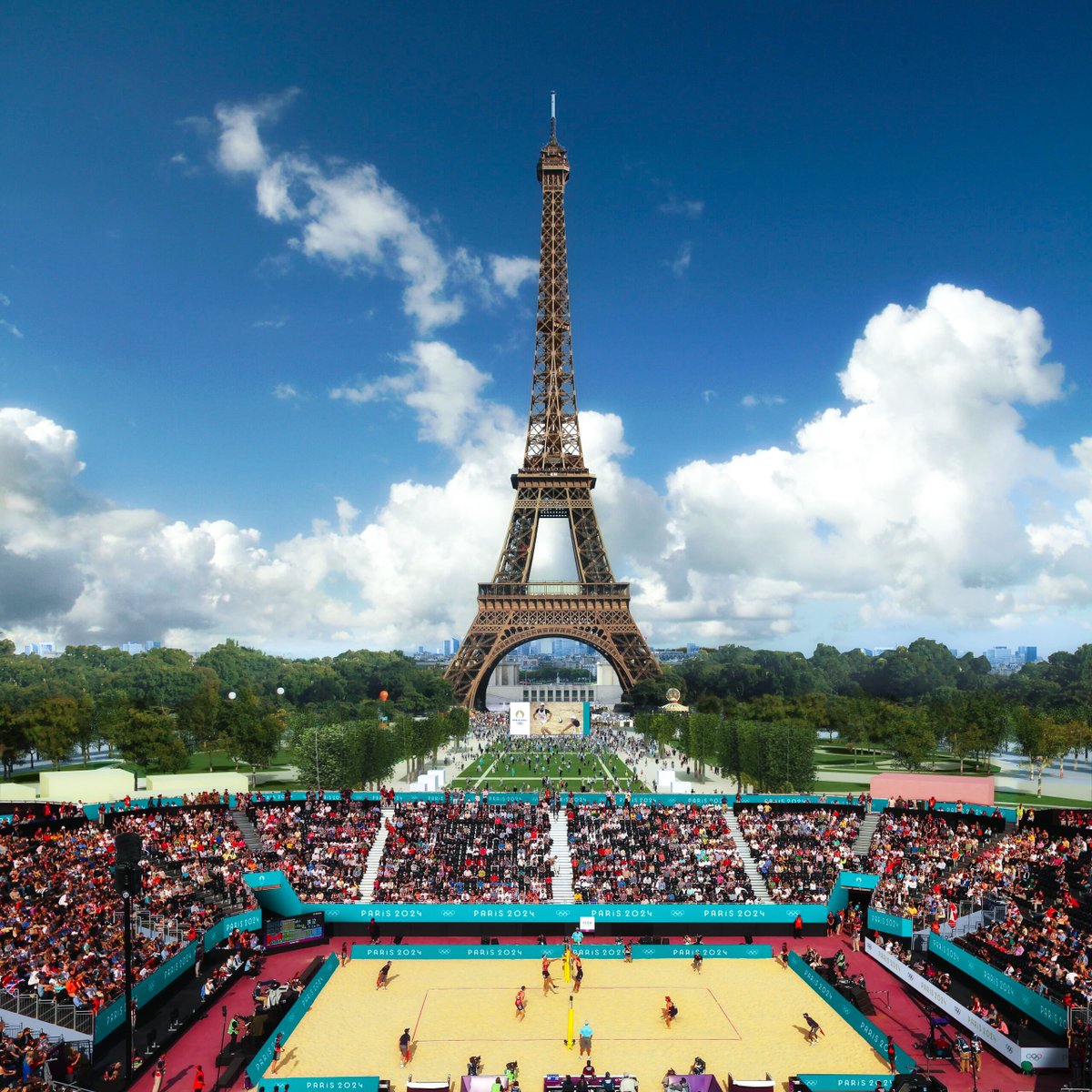 NBCOlympics's tweet photo. One of the most recognizable landmarks in the world is going to be a venue at the Paris 2024 Games. 🤩🇫🇷

The Eiffel Tower will host beach volleyball during the 2024 @Olympics and soccer 5-a-side at the 2024 @Paralympics.

(via @Paris2024) https://t.co/t57Udv8McQ