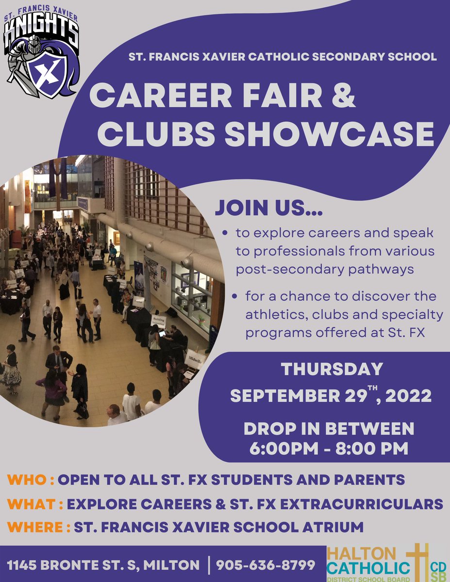 Attention all St.FX students and families! Join us for Career Fair and Clubs Showcase on Thursday September 29th, from 6 - 8pm. Get the opportunity to speak to over 20 professionals from all types of fields and explore our many clubs, sports and SHSM programs we offer  at St.FX!