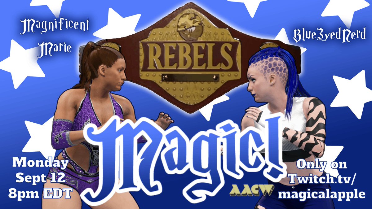 MagicalApple90's tweet photo. BREAKING NEWS!

The Rebels Title Match between Blue3yedNerd(c) &amp; Magnificent Marie will be the opening match tonight!

Don't miss out on what will sure to be a Historic Show!

Monday Night Magic!
Tonight @ 8pm EDT
https://t.co/f4PE8N3P1h

#WWE2K22 #GamersUnite @SmallStreamersR https://t.co/bHizN7QFFV