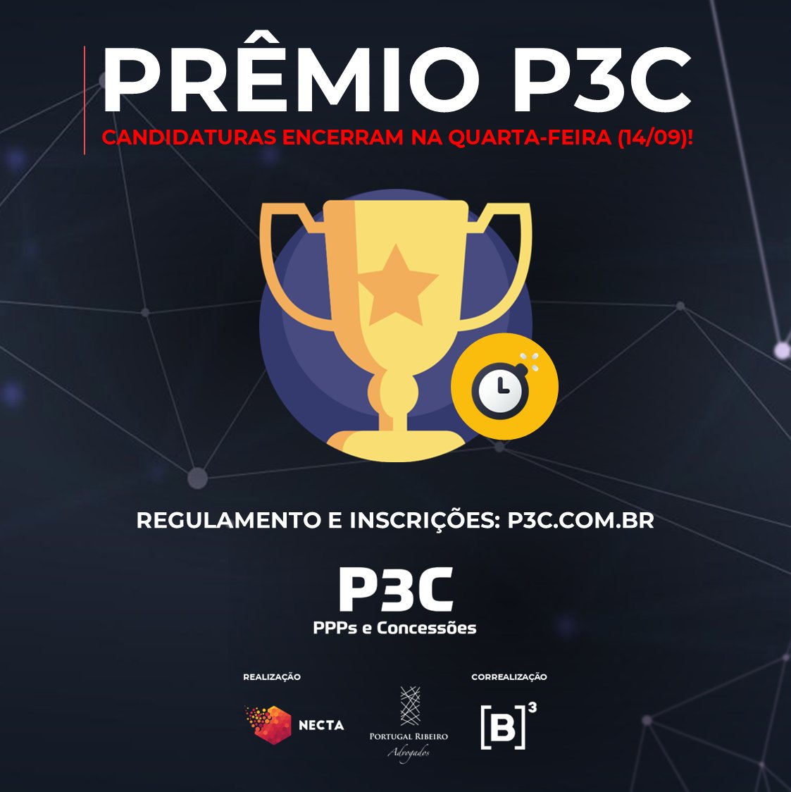 nectainova's tweet photo. 🚨 Últimos dias!
  
Ainda dá tempo de participar do Prêmio P3C 2022, o prazo encerra nesta quarta-feira (14/09).

Essa é a chance de mostrar a todos o resultado de seus esforços!
Saiba mais: https://t.co/Q2cfRBw90p

#PPP #PPPs #ParceriaPublicoPrivada #Concessão #Infraestrutura https://t.co/QPClaSKlPi
