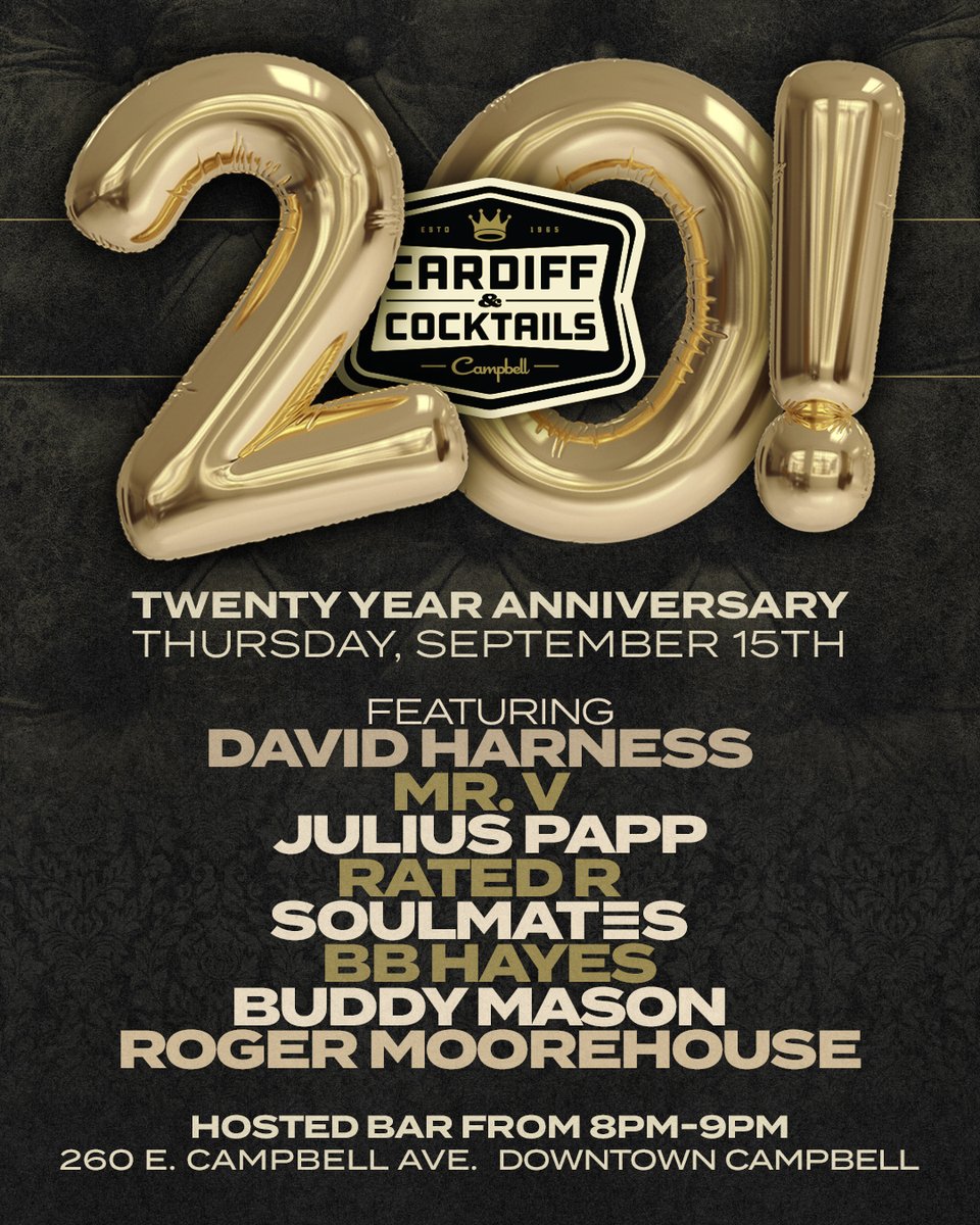 cardifflounge's tweet photo. 20 Year Anniversary this Thur! Music by @djdavidharness @djmrv @juliuspapp @bbhayes and more + hosted bar 8PM-9PM. RSVP and come early! https://t.co/OklilZJfD1 https://t.co/XpxzELD996