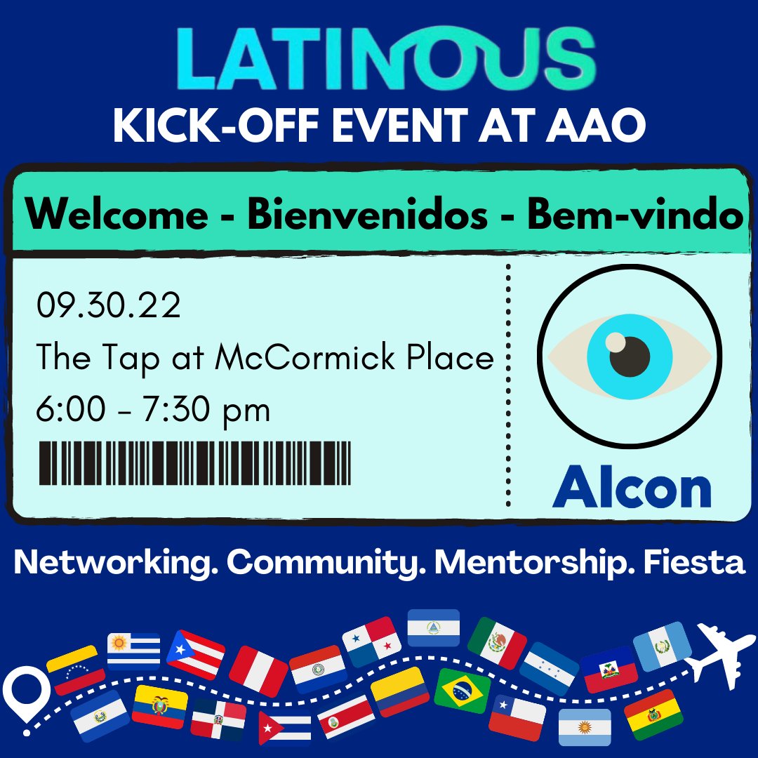Wrap up your first day at 
<a href="/aao_ophth/">AAO</a>
 with our official kick-off event at the Convention Center. Come for the networking, stay for the fiesta!
Keep an 👁️ out for announcements - we will have a raffle with prizes you will not want to miss! Register: bit.ly/LATINOUSatAAO