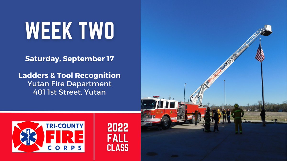 TriCountyFireNE's tweet photo. Reminder: Week Two will be held this Saturday, September 17th from 8am-12pm, at the Yutan Volunteer Fire Department (401 1st St, Yutan, NE). The topic for this week’s class will be Ladders and Tool Recognition. https://t.co/hLIwxCQxhR
