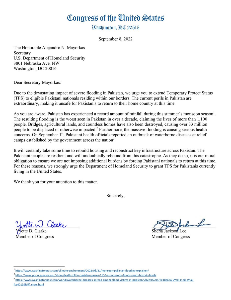 RepYvetteClarke's tweet photo. Now more than ever, the people of Pakistan need America’s help — and we must deliver it!

I’m proud to lead my colleagues in calling on @DHSgov and @SecMayorkas to provide Pakistani Nationals living in the US with Temporary Protected Status. 

Because that’s what’s right. https://t.co/WnICwWDu2s
