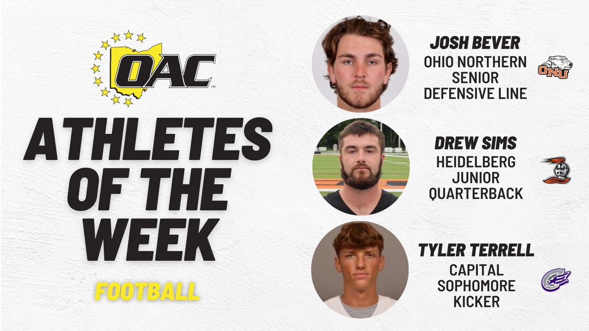 Ohio Athletic Conference (@ohathleticconf) on Twitter photo Athletes of the Week | Football
Josh Bever <a href="/ONUsports/">Ohio Northern Sports</a>
Drew Sims <a href="/BergAthletics/">Heidelberg Athletics</a>
Tyler Terrell <a href="/cap_athletics/">Capital Athletics</a>
oac.org/x/un4j5
#OAC #OACFootball Athletes of the Week | Football
Josh Bever <a href="/ONUsports/">Ohio Northern Sports</a>
Drew Sims <a href="/BergAthletics/">Heidelberg Athletics</a>
Tyler Terrell <a href="/cap_athletics/">Capital Athletics</a>
oac.org/x/un4j5
#OAC #OACFootball