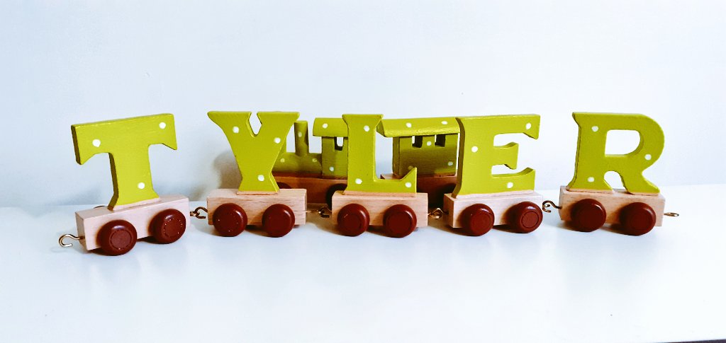 Personalised for Tyler #tyler #nametrain #brightgreen #personalisedgifts #christeningideas #christeninggift #handmade #etsyshop #etsyuk 
@zencuddles 
zencuddles.co.uk