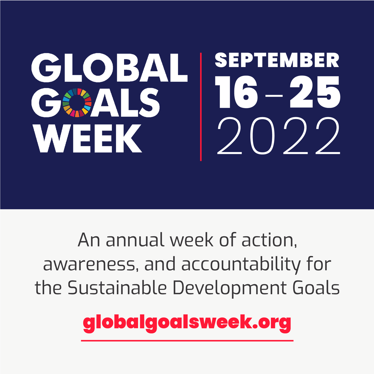 Want to build a fairer, more peaceful world? From September 16-25, join 160+ partners accelerating progress on the Sustainable Development Goals during this year’s #GlobalGoalsWeek!

Find out how to participate: globalgoalsweek.org
