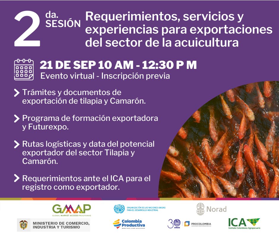 GMAPColombia's tweet photo. Si haces parte de la producción de alevinos, semillas, engorde, procesamiento o comercialización deberías conocer los requisitos y servicios para impulsar las exportaciones. Inscríbete https://t.co/2so3WsP6lY #acuicultura @ONUDIColombia @noradno @MincomercioCo @Col_Productiva https://t.co/wG3WQdImsA