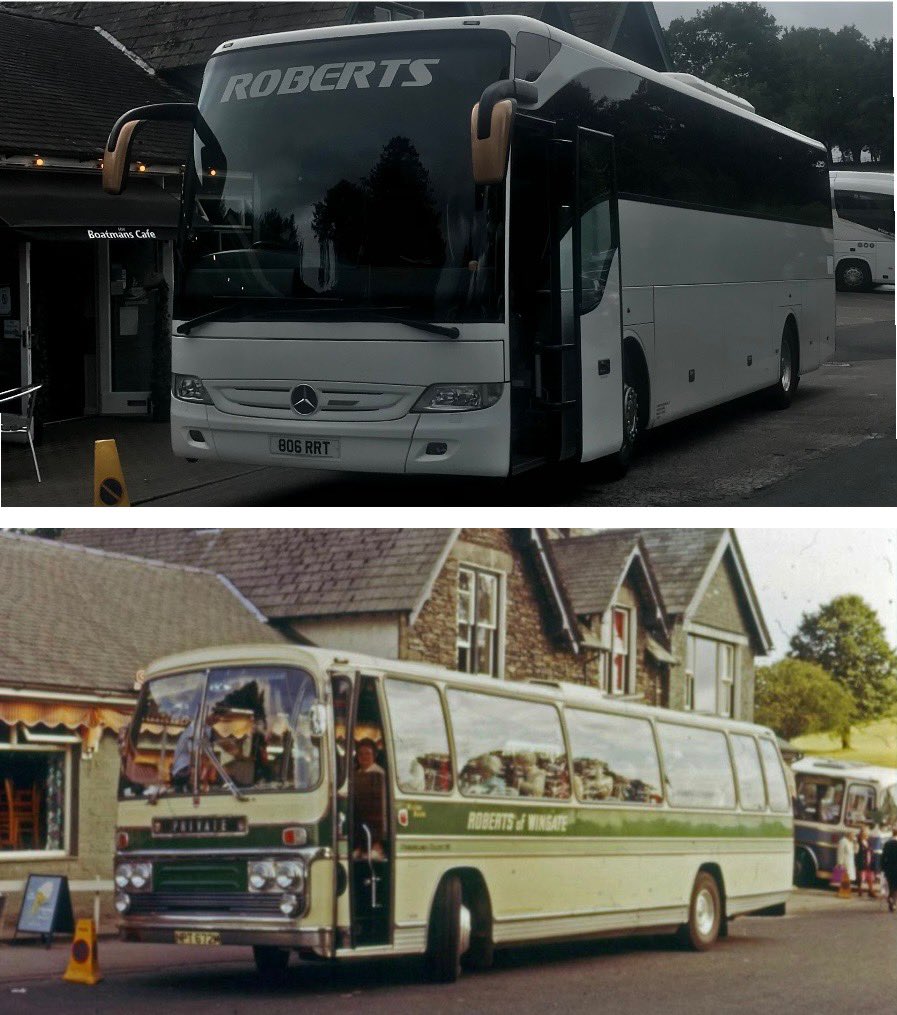 One of our Mercedes’ coaches parked in Bowness today, the coach below in the same spot almost 50 years earlier.