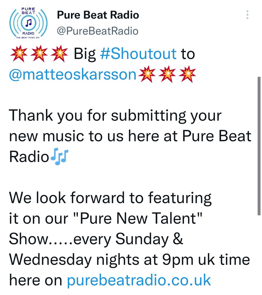 matteoskarsson's tweet photo. Wow! Smashing news!
Thank you❤️ @purebeatradio🙏🏻
❤️@webimagineservice🙏🏻
#purebeatradio #webimagineservice #radio #radioshow #airtime #pure #new #talent #show #mathiasoskarsson #singersongwriter https://t.co/s40Icsz8Z8
