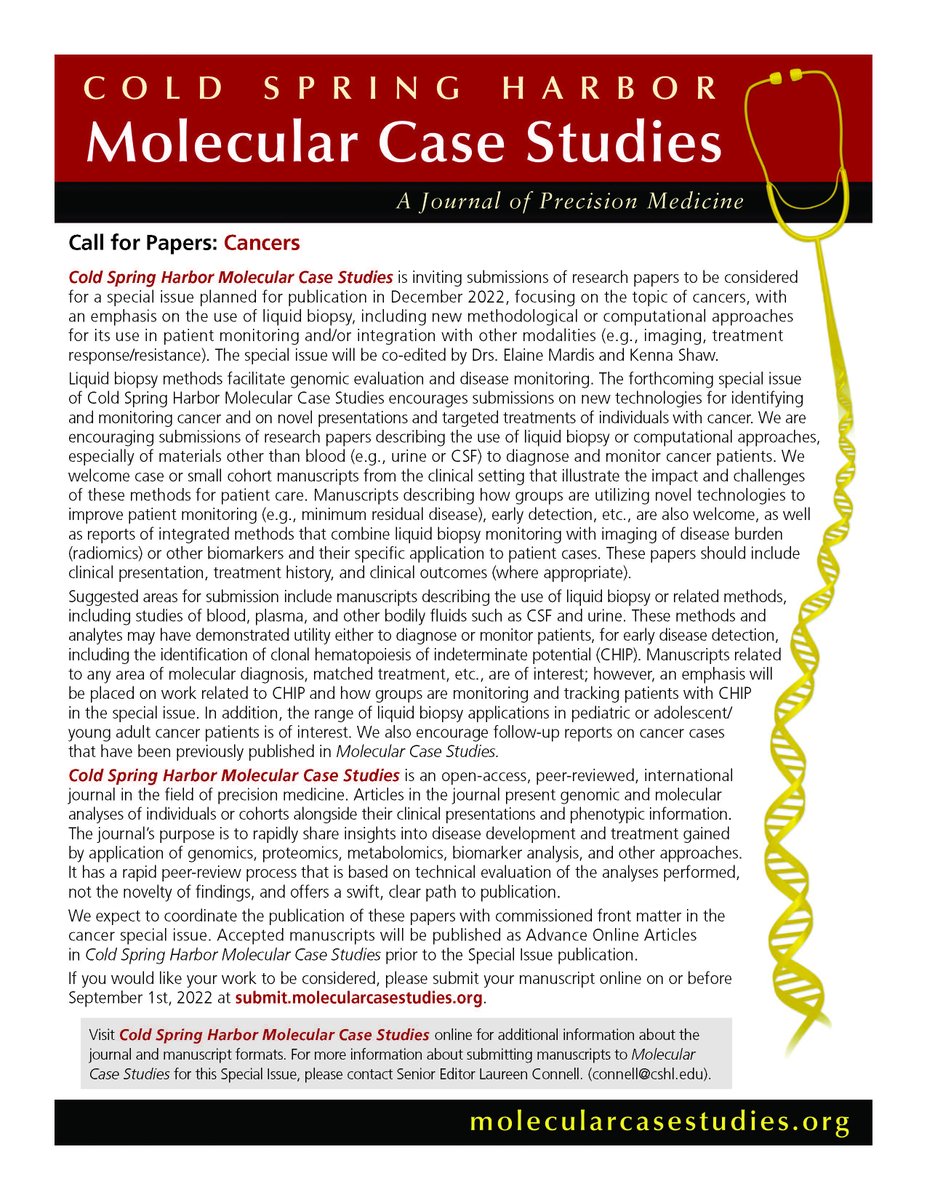 CSH Molecular Case Studies (@molcasestud) on Twitter photo 📣Call for Papers, 1 week left!
<a href="/molcasestud/">CSH Molecular Case Studies</a> is inviting submissions of papers for a special issue co-edited by Drs. Elaine Mardis & <a href="/kennamshaw/">Kenna Shaw</a> on the topic of cancers w/an emphasis on the use of liquid biopsy & monitoring patients w/CHIP
Submit here
➡️submit.molecularcasestudies.org 📣Call for Papers, 1 week left!
<a href="/molcasestud/">CSH Molecular Case Studies</a> is inviting submissions of papers for a special issue co-edited by Drs. Elaine Mardis & <a href="/kennamshaw/">Kenna Shaw</a> on the topic of cancers w/an emphasis on the use of liquid biopsy & monitoring patients w/CHIP
Submit here
➡️submit.molecularcasestudies.org