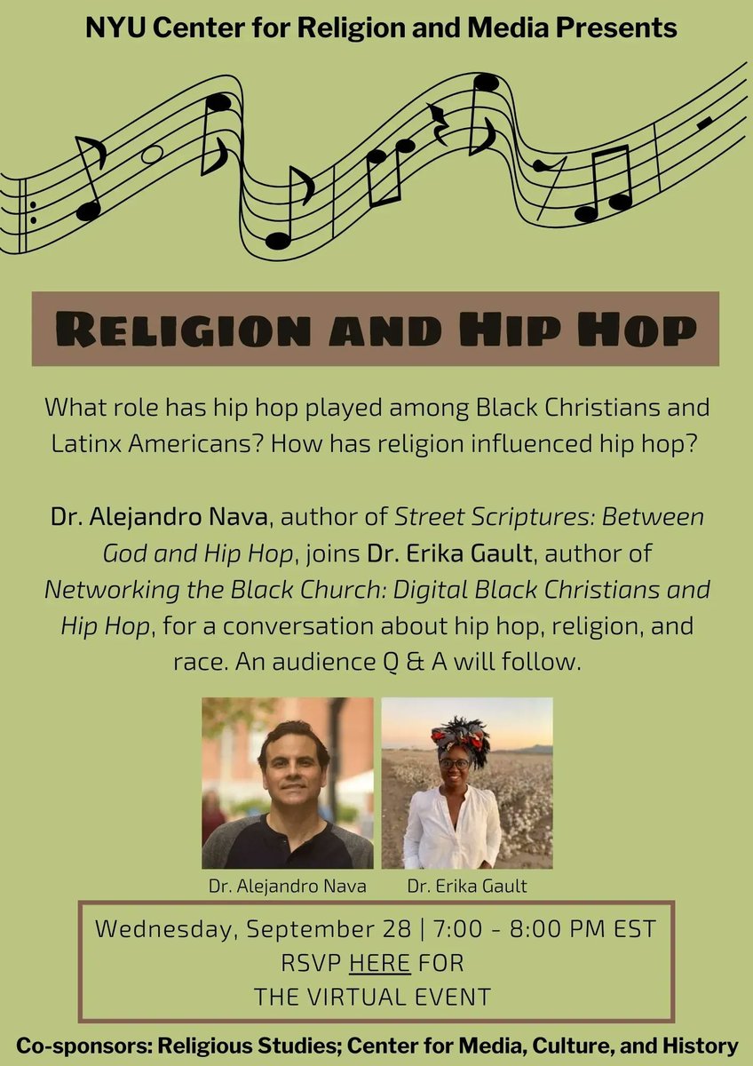 UChicagoPress's tweet image. Wed Sept 28 at 6p CT—tune in as @alejandronava77 (STREET SCRIPTURES: BETWEEN GOD AND HIP-HOP) joins @erikagault for a mic-dropping conversation about religion, hip-hop, &amp;amp; race, sponsored by NYU Center for Religion &amp;amp; Media (@the_revealer).

Virtual RSVP: bit.ly/3xhux2Z