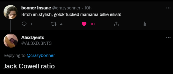 crazybonner's tweet photo. Just checking in to remind everyone i litterally own twitter. @AL3XDJ3NTS made an futile ratio attempt and as per usual got placed inside of a pack and was unanimously defeated. I could have pissed on my keyboard and did better than you. 10 is in fact greater than 4 moron so easy https://t.co/nRpjKNRaOn