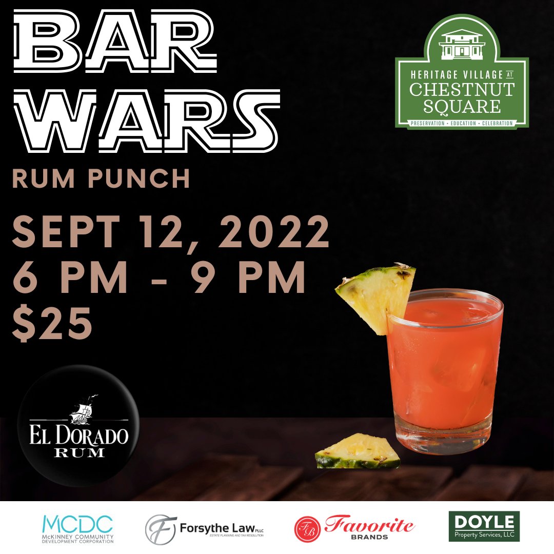 Chestnutsquare's tweet photo. BAR WARS Rum Punch Rumble is tonight! Tickets will now be available at the door, see y'all there! 

#ChestnutSquare #HistoricalDowntownMcKinney #BarWars https://t.co/QEUfqgKKPQ