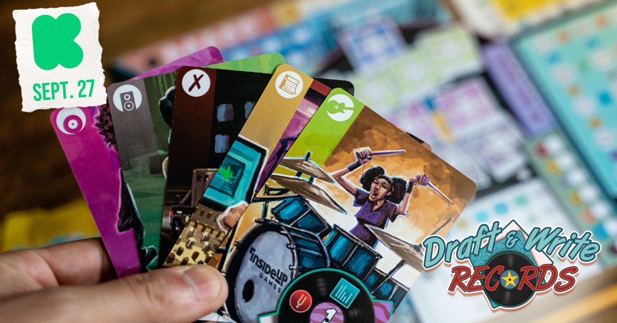 Form your band and create harmonies in Draft &amp; Write Records, a 2-6 player drafting game coming to KS September 27th.

Make sure you "follow" our pre-launch page, and back the project day 1 to get your name printed inside the box! 🎸

ow.ly/svzb50KBhw8
