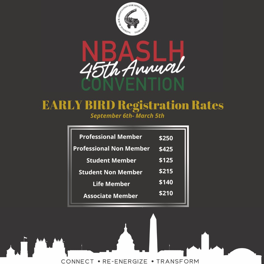 NBASLH Convention Prep includes knowing the numbers! Do NOT miss our EARLY BIRD Rates! ❤️💚🖤💛

#nbaslh #nbaslhleads #nbaslhconvention #asha #ashaigers #nationalnsshla #blackSLP #blackAud #SLP2be #Aud2be #SLP #AuD #research #clinicalpractice #leadership
