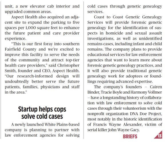 CoastToCoastGG's tweet photo. We've been busy working on cases but wanted to share this article from the "Business Journals" that we missed earlier: https://t.co/5RaJgBBmGo

If you have a case in which you'd like to use investigative genetic genealogy to help solve, feel free to contact us for a consult. :) https://t.co/S3o1cXBVdb