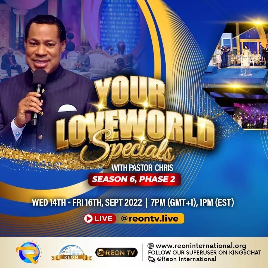 reonintl's tweet photo. Get ready for Your Loveworld Specials with Pastor Chris πππ―
It's SEASON 6 PHASE 2!
DON'T MISS IT! Inform your family, friends and neighbors π¨βπ©βπ§βπ¦π©βπ¦βπ¦π©βπ§βπ§π₯°π₯°
Live on: https://t.co/i9jRQ2f8w5
#yourloveworldspecials
#PastorChris
#truth
#reon22
#reontv https://t.co/uuMpUD4YaN