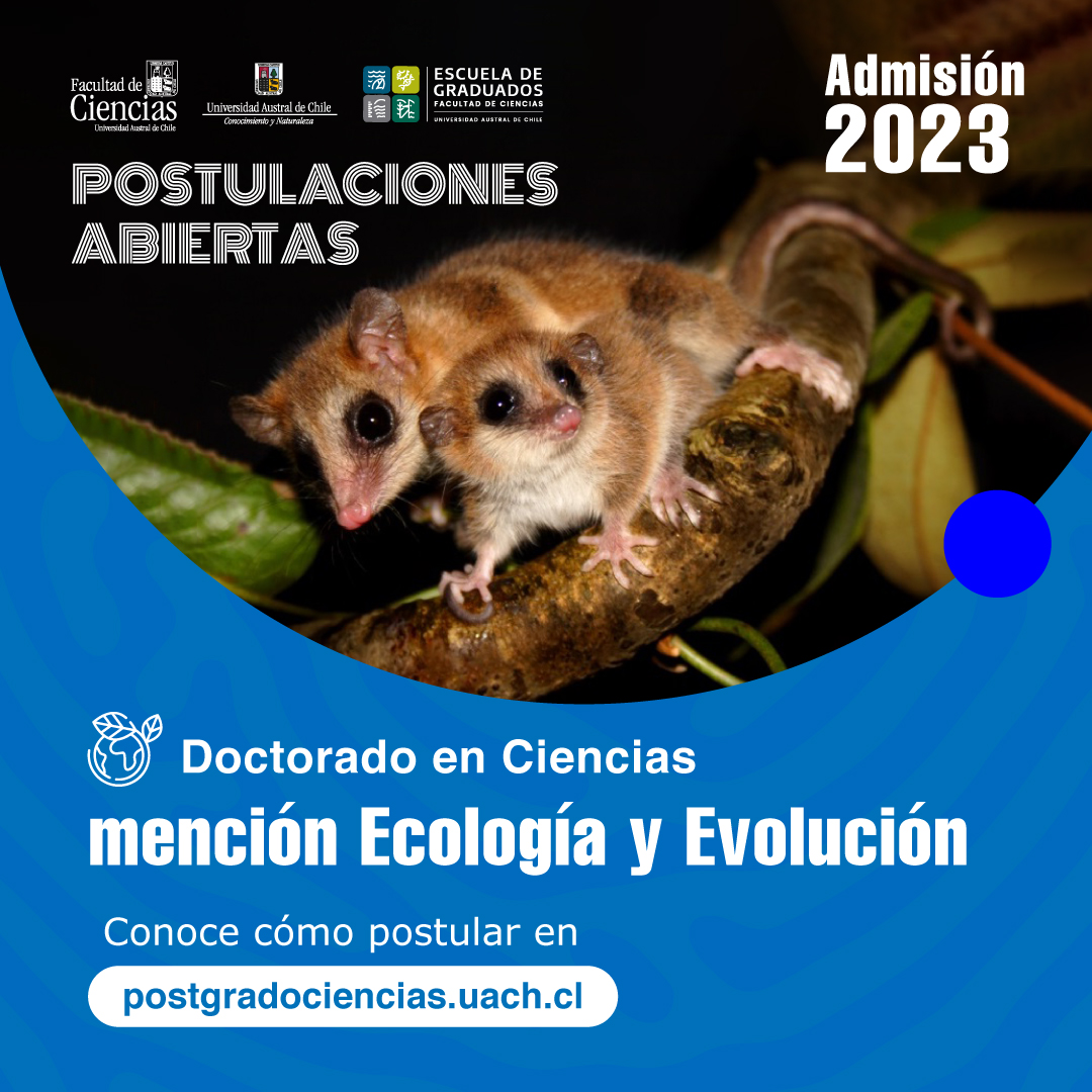 Abiertas las postulaciones para ingreso en 2023 al Doctorado en Cs. mención Ecología y Evolución, programa alojado en el <a href="/ICAEv_UACh/">Instituto de Cs. Ambientales y Evolutivas (UACh)</a>. 

postgradociencias.uach.cl/doctorado-ecol…

#EcolEvol <a href="/PostCienciaUACh/">Postgrado Facultad de Ciencias UACh</a>