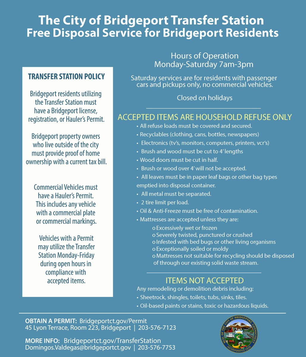 CityofBptCT's tweet photo. With the arrival of warmer weather, remember to use the City of #Bridgeport Transfer Station, which provides free #disposalservices to Bridgeport residents. The link in the bio under the TRANSFER STATION where you can find out more about how to dispose of these materials. https://t.co/jRO9MJvocf
