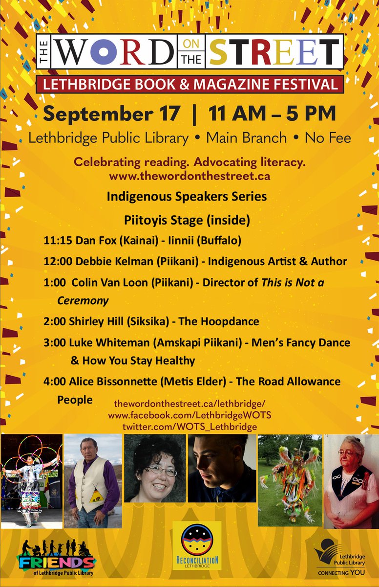 WOTS_Lethbridge's tweet photo. Don't miss this year's incredible line-up of speakers at the Piitoyis Stage on Saturday, Sept 17, sponsored by Reconciliation Lethbridge.
#WOTSyql https://t.co/vLJjk9nawK
