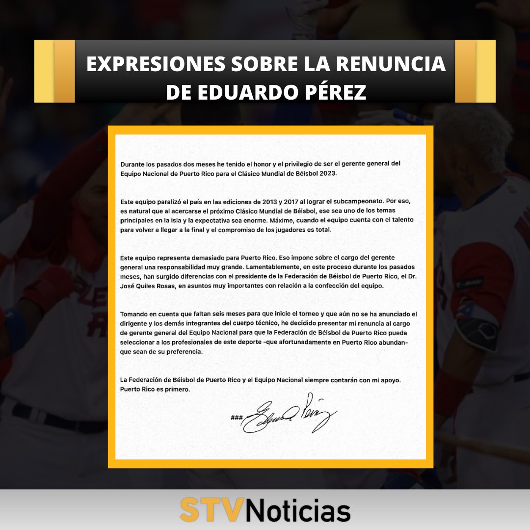 stvnoticiaspr's tweet photo. Ante desacuerdos con el presidente de la Federación de Béisbol de Puerto Rico, renuncia el gerente general del Equipo Nacional del Clásico Mundial de Béisbol, Eduardo Pérez. Más detalles en #STVNoticias 

✍🏻@EdwinGuerraPR https://t.co/f4jEf5cUAa