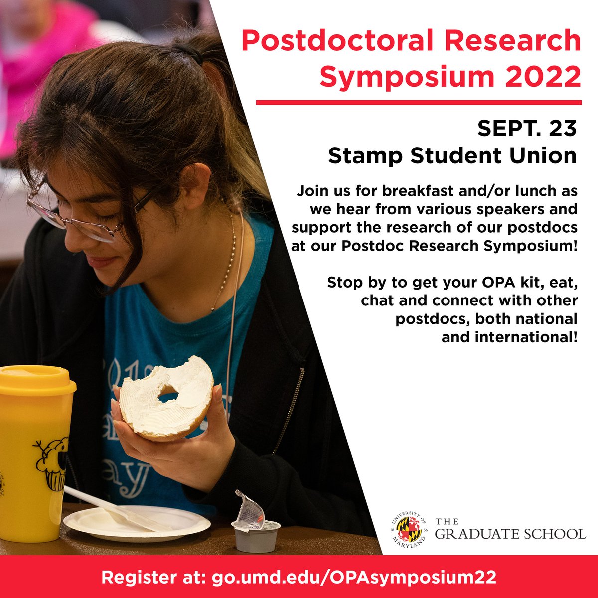 Join us for breakfast and/or lunch at the Postdoc Research Symposium on Sept. 23! 🍽️ Stop by to get your OPA kit, eat, chat and connect with other postdocs, both national &amp; international. Learn more &amp; register at: go.umd.edu/OPAsymposium22 #UMDPostdocSymposium22