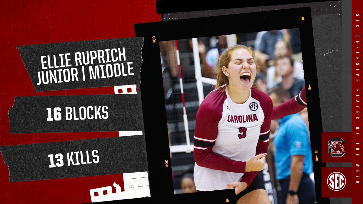 GamecockVolley's tweet photo. She locked down our net defense this weekend and now she locked down @sec Defensive Player of the Week honors! Congratulations Ellie! https://t.co/tVbJiK7CAQ