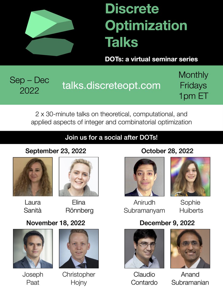 akazachk's tweet image. Please join @lyeskhalil and me for another #DOTs season of virtual #DiscreteOptTalks, starting Fri, Sep 23, 2022 at 1pm ET. Visit talks.discreteopt.com for talk details and subscribe to our mailing list at eepurl.com/gZtvOL to receive updates. Hope to see you soon! #orms
