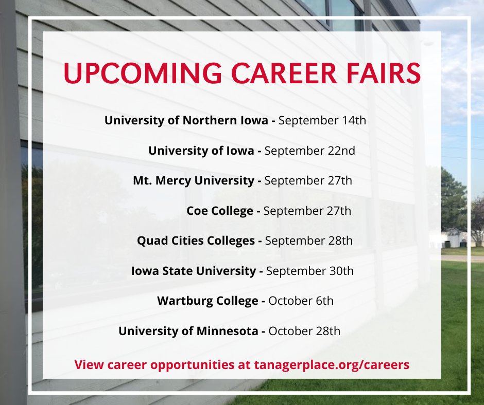 Our team is looking forward to connecting with students at these upcoming college career fairs. We invite students to stop by our booth to learn more about our internships and career paths. Learn more at tanagerplace.org/careers.