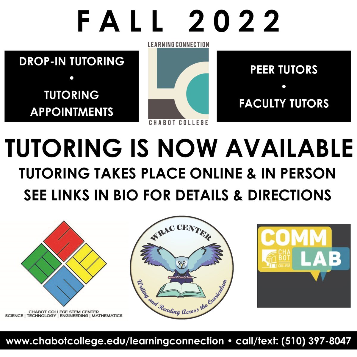 Chabot_LC's tweet image. Tutoring has started! Online &amp;amp; in-person, appointments &amp;amp; drop-in. Check our LinkTree for details &amp;amp; directions.

#chabotcollegelearningconnection #chabotlearningconnection #learningconnection #chabotcollegetutoring #chabottutoring #chabotcollege #chabot