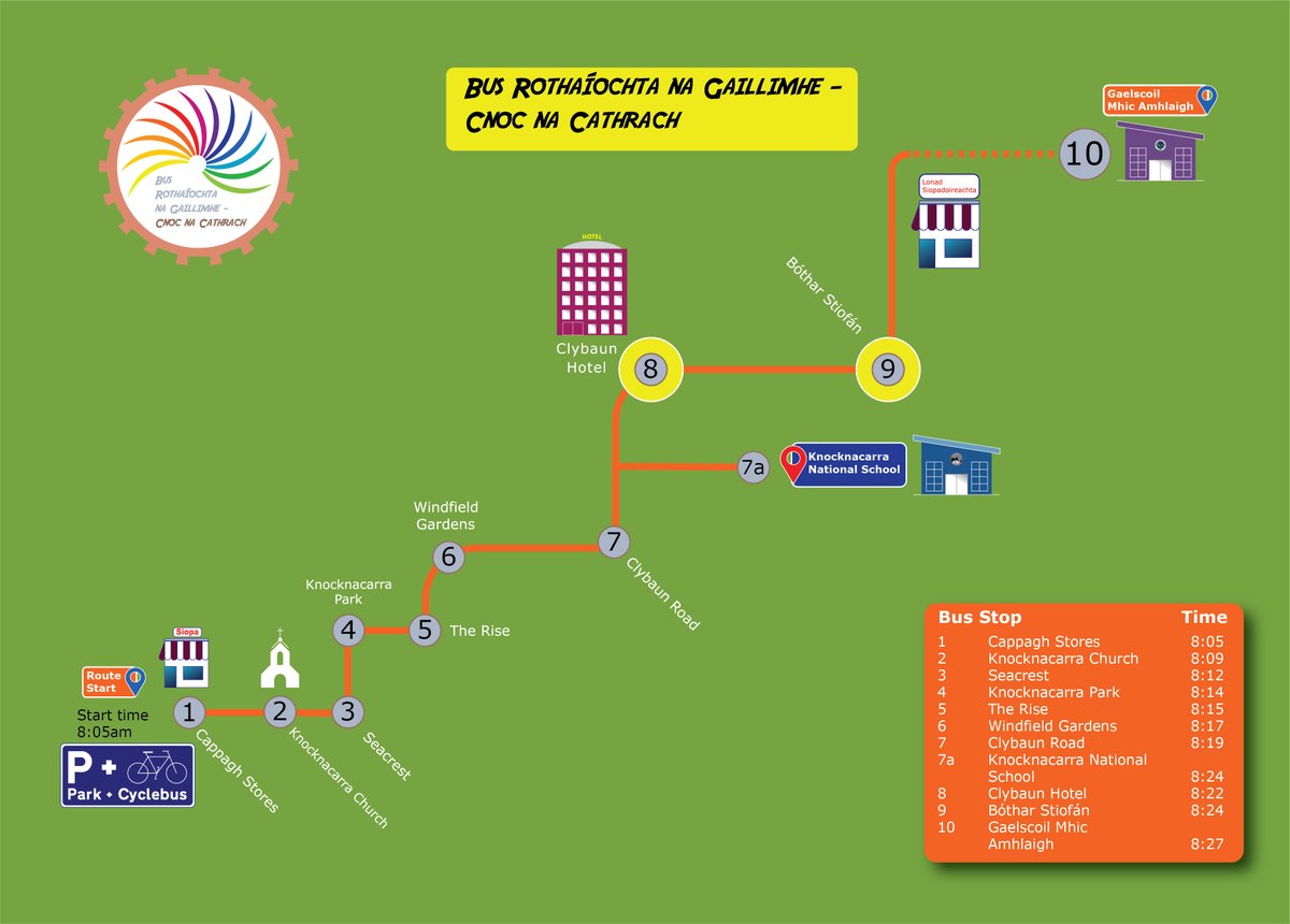 cycle_bus's tweet photo. We've made a small change to our route &amp; timetable this year. Same departure time at Cappagh Stores at 8.05 (Park and Cycle available🚗➕🚲) &amp; arriving @KnocknacarraNS at 8.24, &amp; @GSMhicAmhlaigh at 8.27. Join us for a spin anywhere along the route! #CycleBus #SafeRoutesToSchool https://t.co/ocNlz7Oema