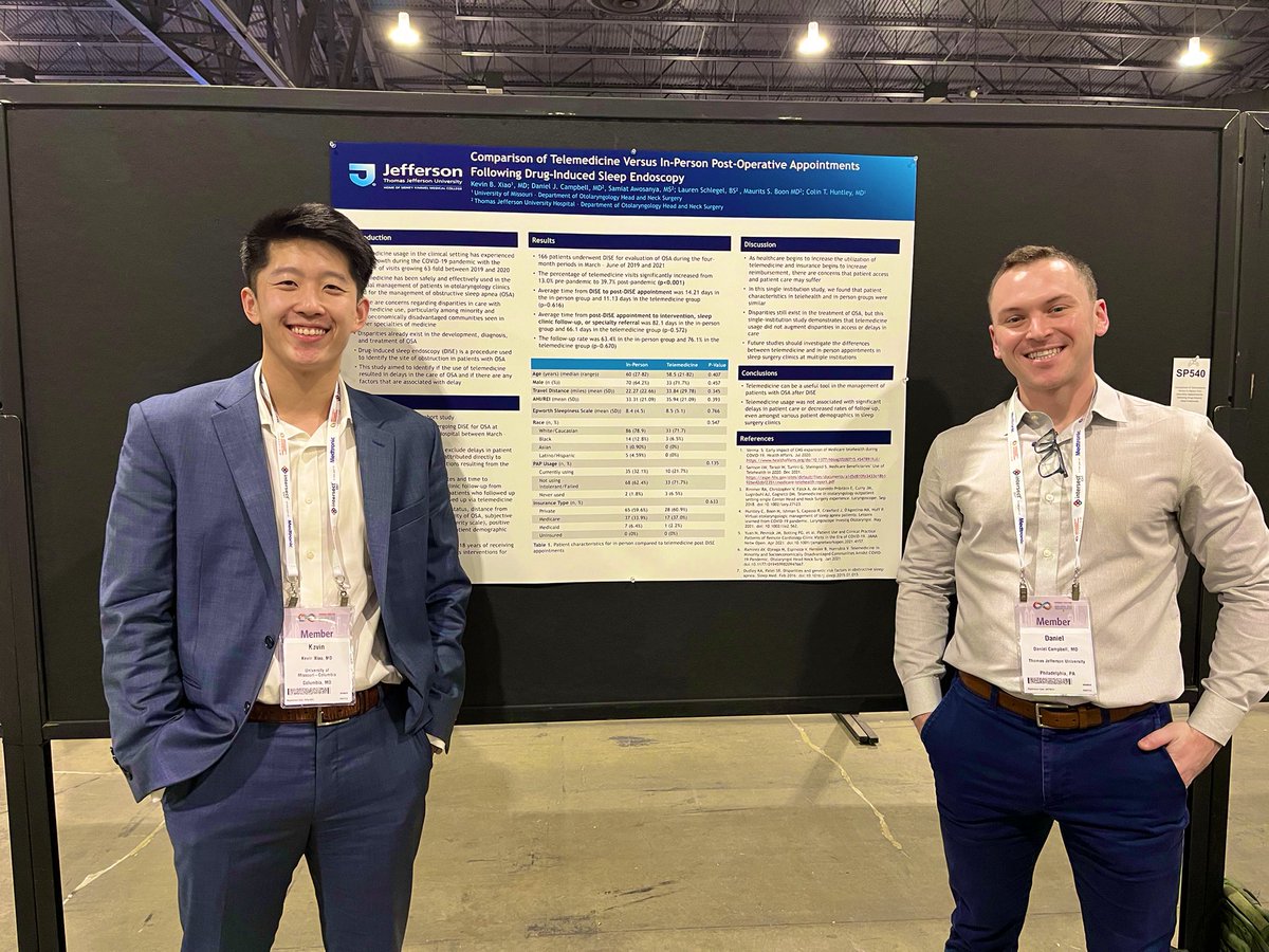 Glad I was able to see <a href="/dcampbell024/">Daniel Campbell</a>  again at #OTOMTG22 <a href="/AAOHNS/">AmAcadOtolaryngology</a>. 

We found no significant differences in regards to delays in care, patient follow up, or patient characteristics between the patients that followed up in-person versus with telemedicine.